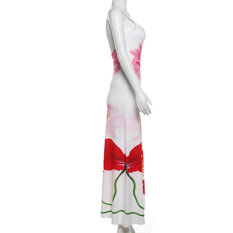 Flower print backless u neck cami maxi dress | Festival Outfits Women
