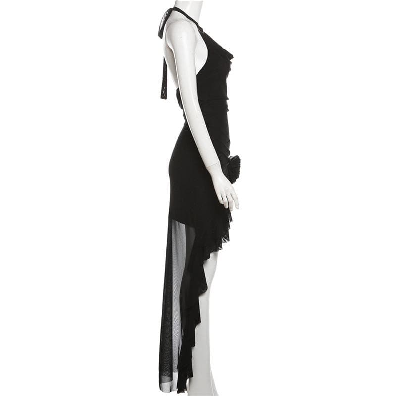 Halter cowl neck flower applique ruffle maxi dress | Festival Outfits Women