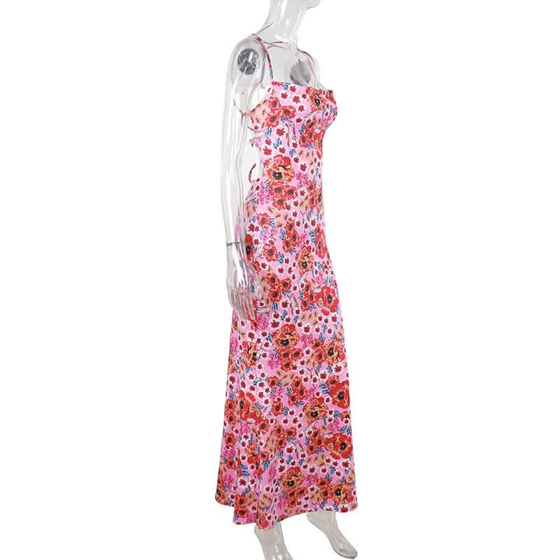 Cross back self tie flower print cami maxi dress | Festival Outfits Women