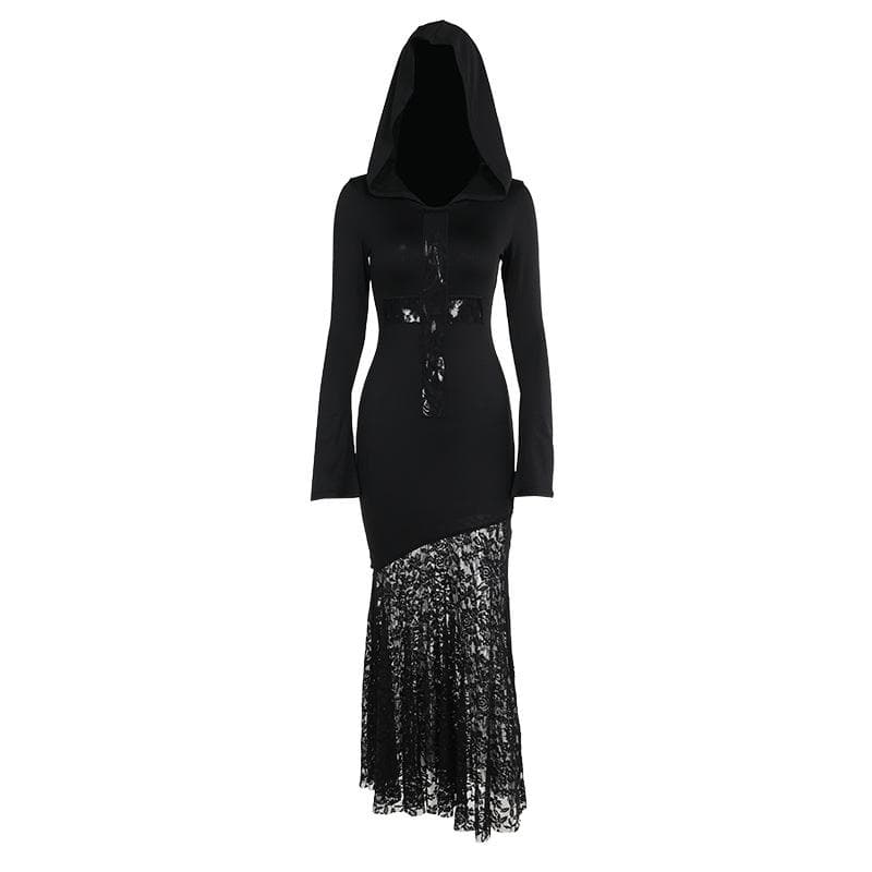 Long sleeve hoodie lace hem cross pattern maxi dress | Festival Outfits Women