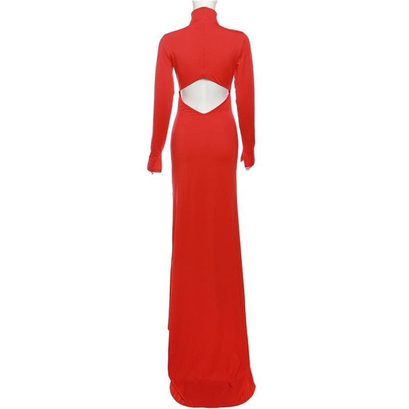 Hollow out solid long sleeve high neck zip-up cut out maxi dress | Festival Outfits Women
