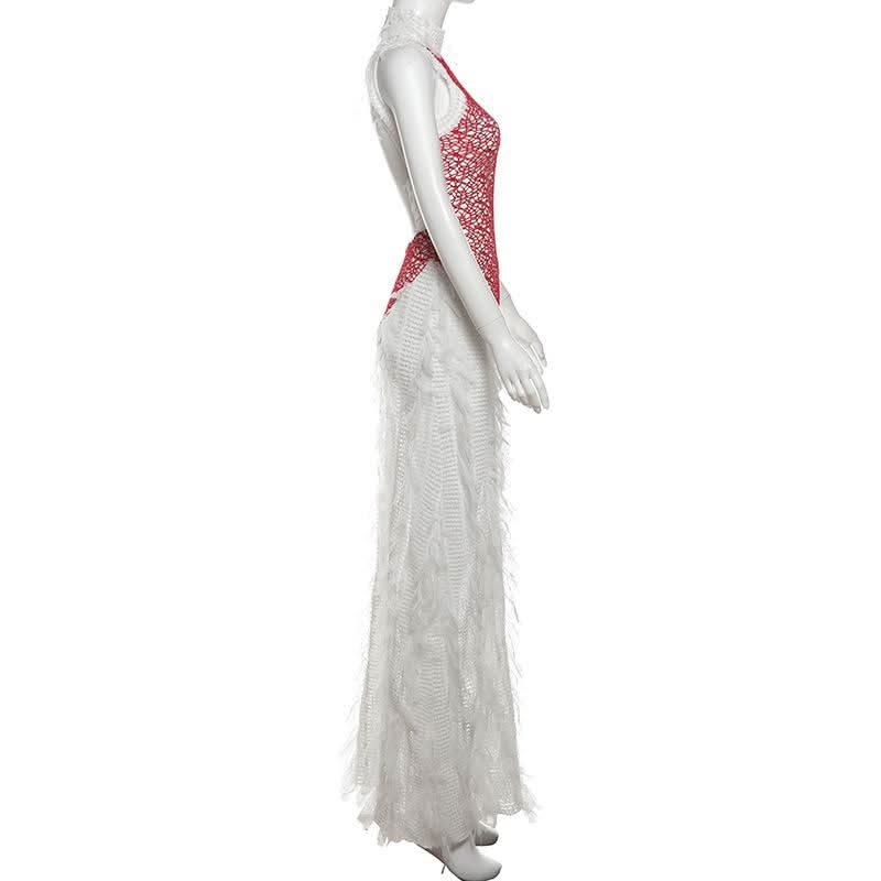 High neck patchwork tassels backless maxi dress | Festival Outfits Women
