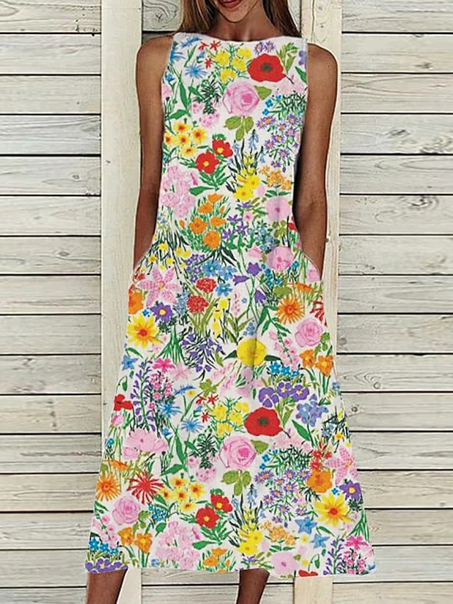 A Line Dress Midi Dress Sleeveless Floral Pocket Cold Shoulder Print Spring Summer Round Neck Casual Vintage Going out S M L XL XXL Cotton for Women
