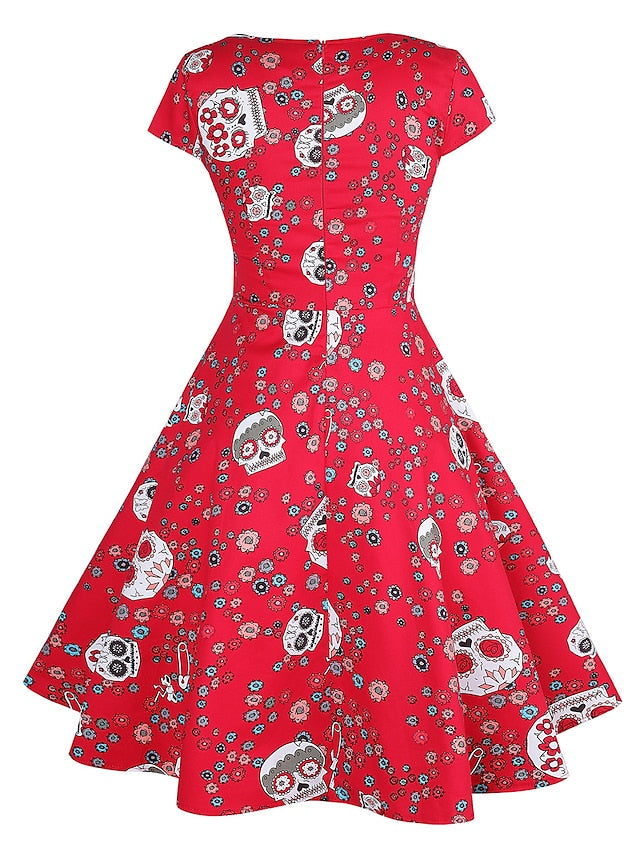 1950s Vintage Vintage Dress Midi Dress Going out Summer Dress Print Bull One Shoulder Short Sleeve Regular Fit Summer Spring Red S M L XL for Women