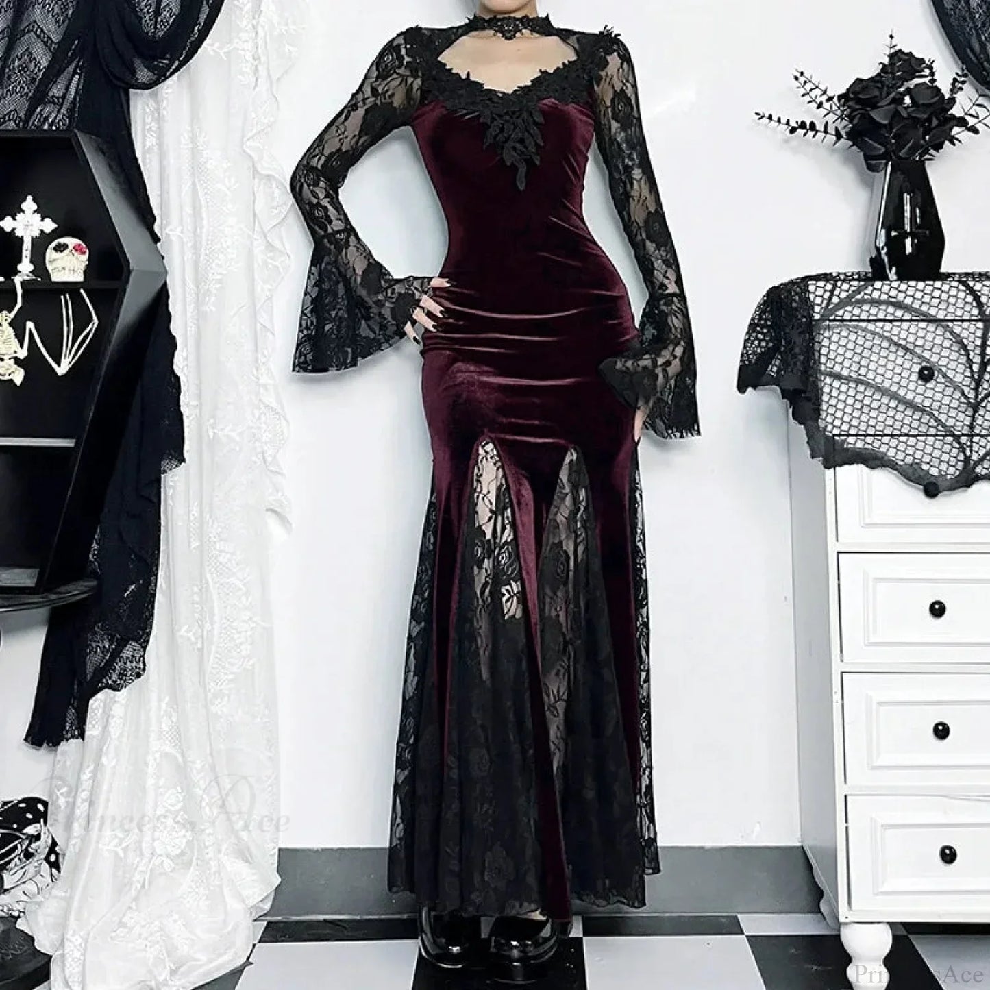 Patchwork Velvet Long Sleeve Midi Dress