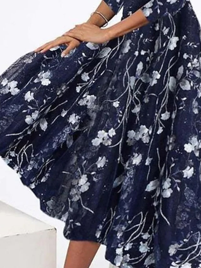 A Line Dress Midi Dress Dusty Blue 3/4 Length Sleeve Floral Ruched Print Spring Summer Crew Neck Elegant Casual Vintage S M L XL XXL 3XL for Women