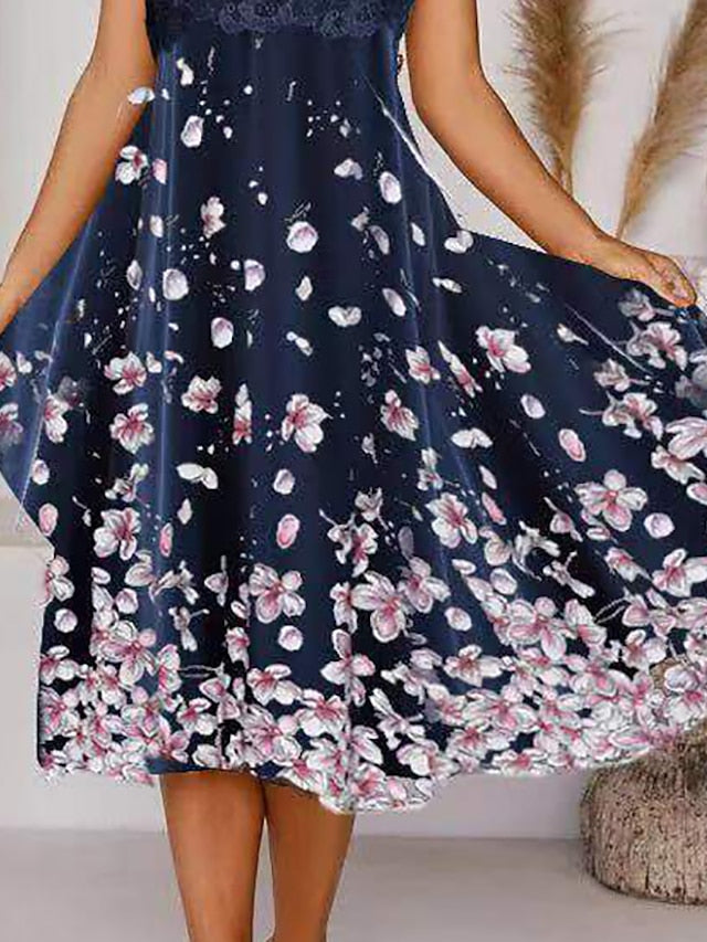A Line Dress Midi Dress Navy Blue Short Sleeve Floral Print Spring Summer Crew Neck Elegant Modern 3XL for Women