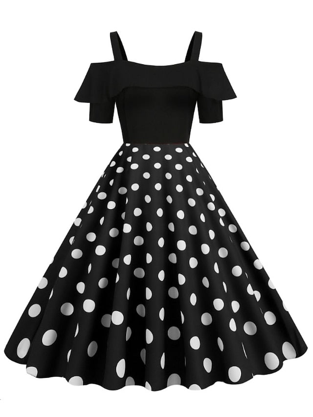 1950s Vintage Vintage Dress Midi Dress Holiday Date Ruched Print Polka Dot Spaghetti Strap Short Sleeve Regular Fit Summer Spring Black Yellow S M L XL for Women