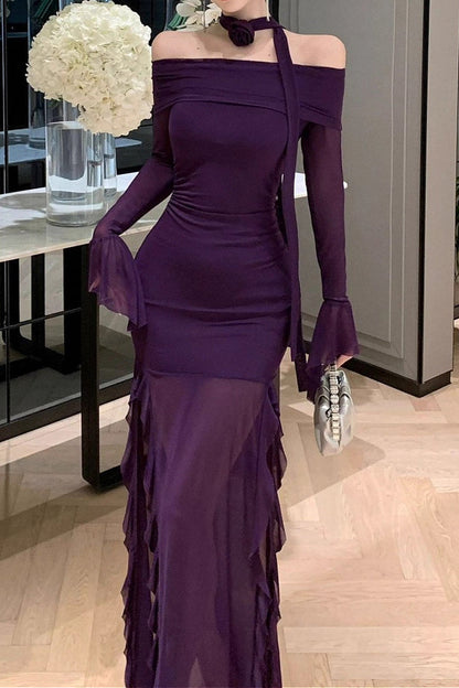 Off Shoulder Irregular Flare Sleeve Maxi Dress
