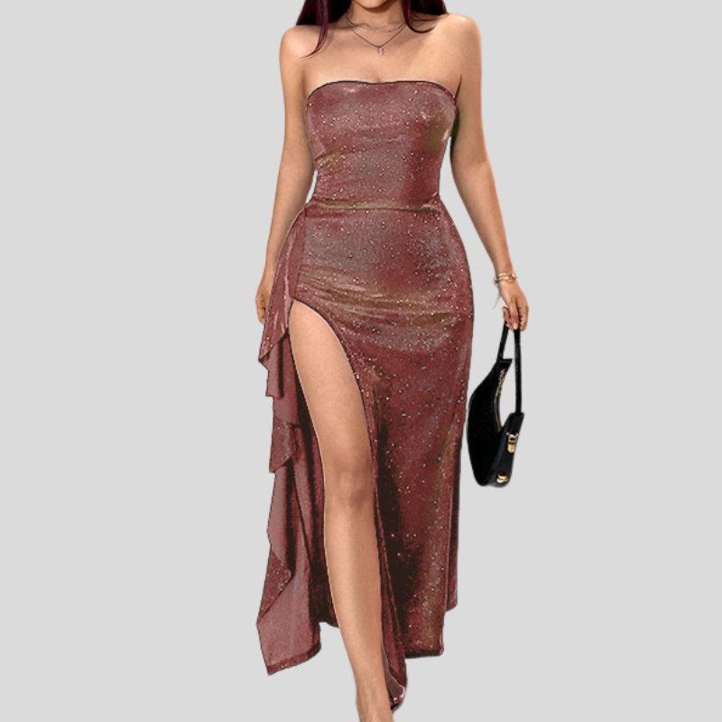 Glitter high slit ruffle tube maxi dress  | Festival Outfits Women