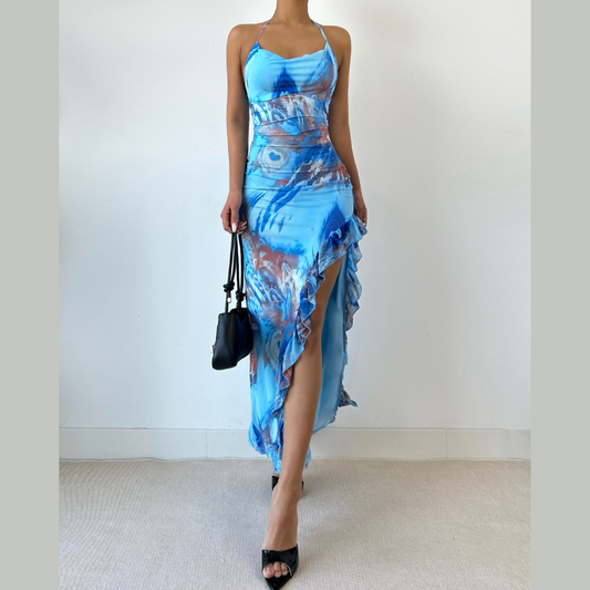 Ruffle slit print halter self tie cowl neck maxi dress  | Festival Outfits Women