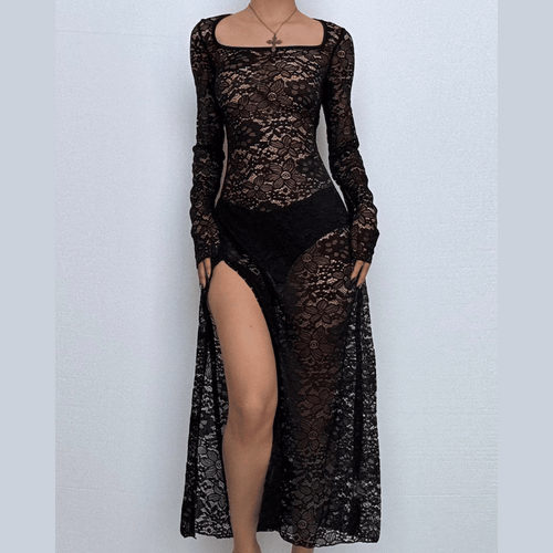 Long sleeve u neck lace slit maxi dress  | Festival Outfits Women