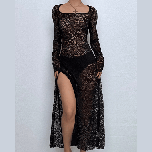 Long sleeve u neck lace slit maxi dress  | Festival Outfits Women