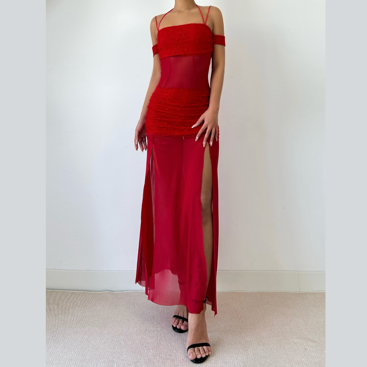 Ruched square neck slit halter cami maxi dress  | Festival Outfits Women