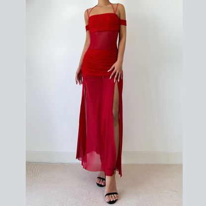 Ruched square neck slit halter cami maxi dress  | Festival Outfits Women