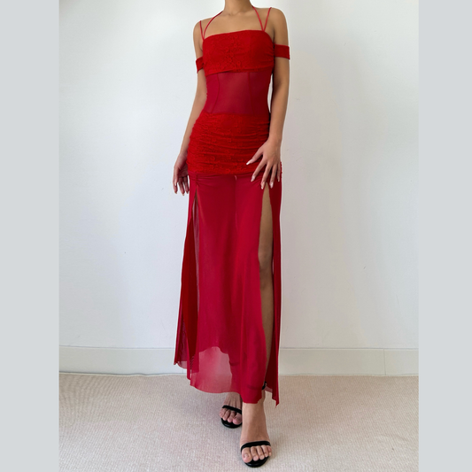 Ruched square neck slit halter cami maxi dress  | Festival Outfits Women