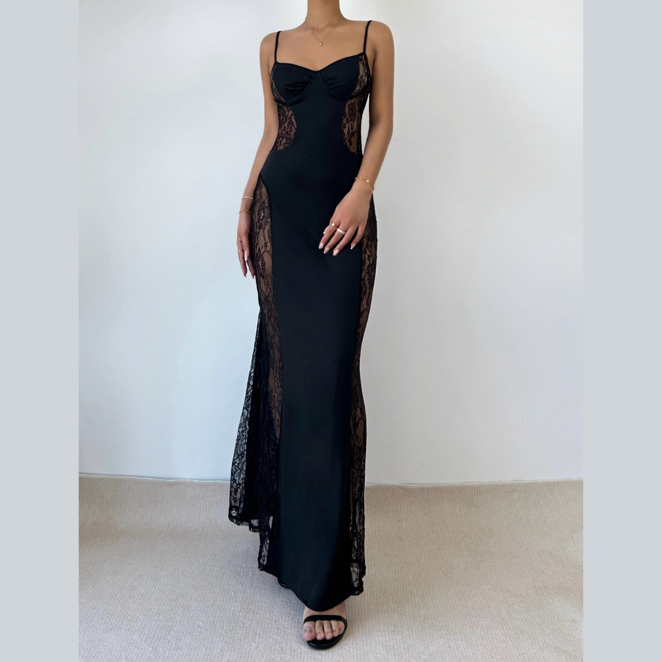 Lace hollow out cami cut out maxi dress  | Festival Outfits Women