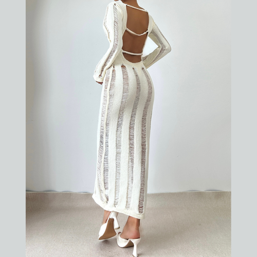 Long sleeve backless knitted hollow out cut out maxi dress  | Festival Outfits Women