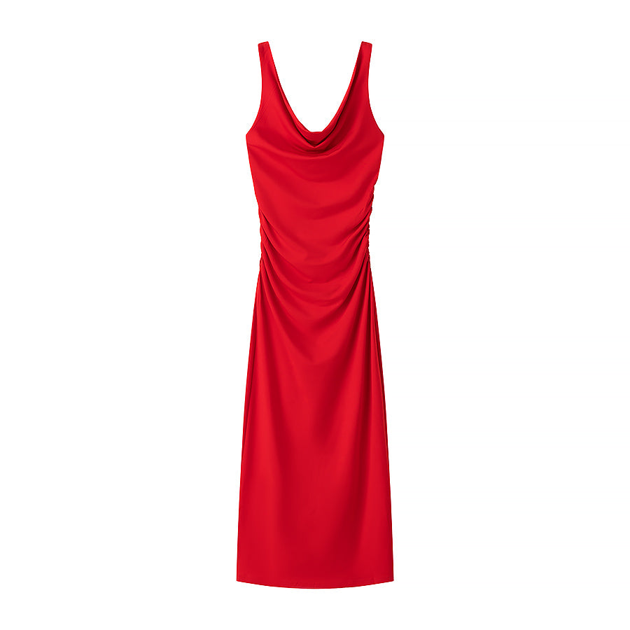 Spring Summer Women Clothing Fashionable Elegant Sexy Pleated Decorative Sleeveless Midi Dress