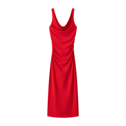 Spring Summer Women Clothing Fashionable Elegant Sexy Pleated Decorative Sleeveless Midi Dress