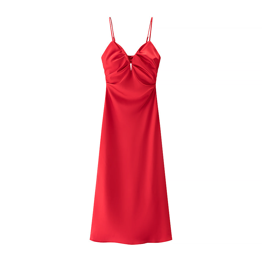 Homemade Women Clothing Classic Simple Silk Satin Texture Midi Dress