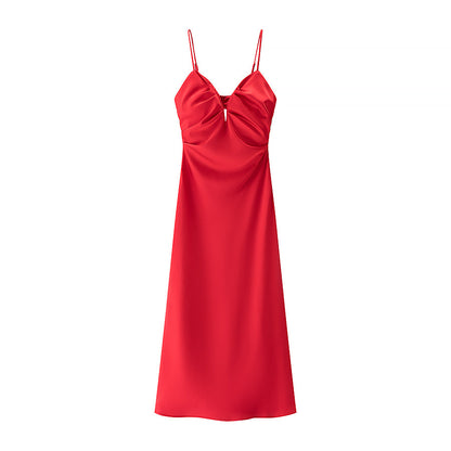 Homemade Women Clothing Classic Simple Silk Satin Texture Midi Dress