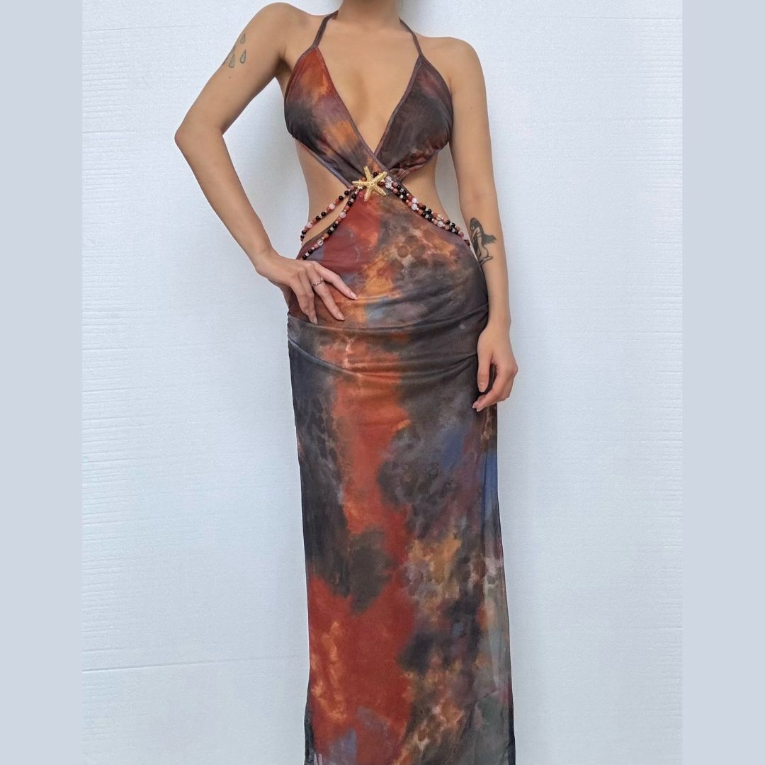 Halter beaded backless slit contrast maxi dress  | Festival Outfits Women