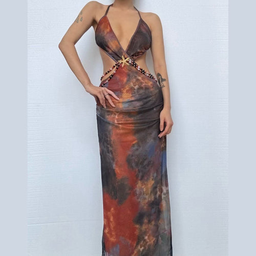 Halter beaded backless slit contrast maxi dress  | Festival Outfits Women