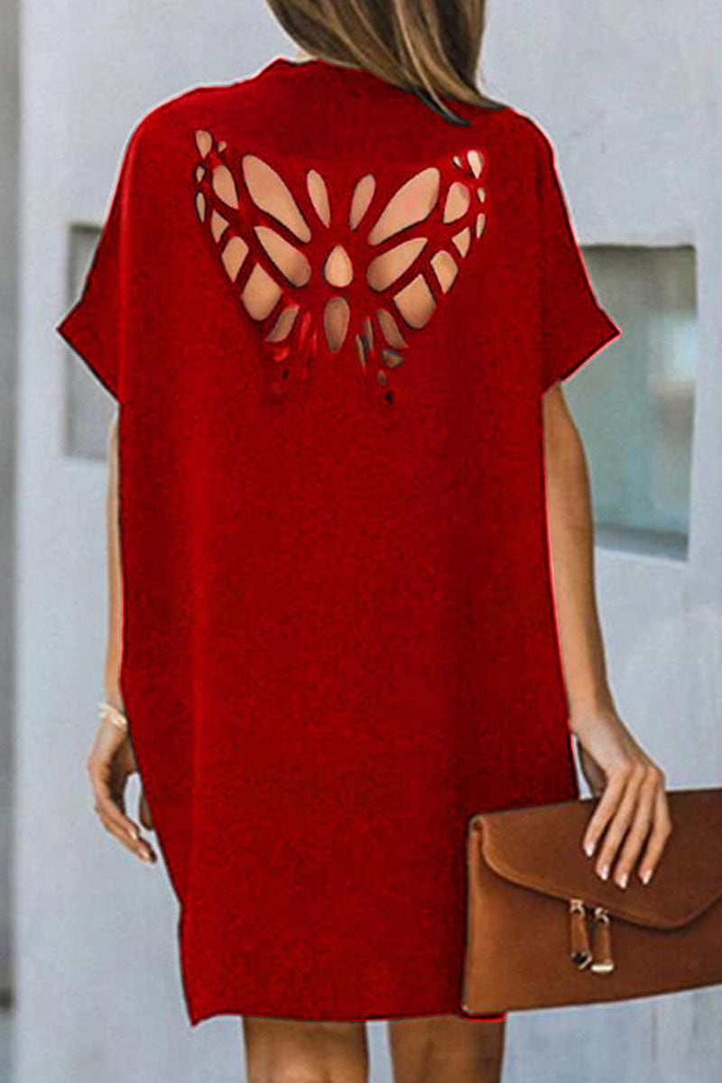 Fashion Solid Hollowed Out V Neck A Line Dresses(5 Colors)