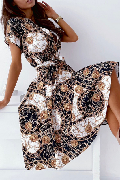 Elegant Print Buckle With Belt V Neck A Line Dresses(5 Colors)