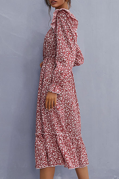 Elegant Floral Patchwork Flounce Square Collar A Line Dresses
