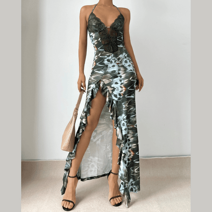 Halter self tie ruffle print v neck maxi dress  | Festival Outfits Women