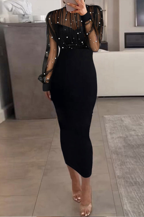 Sexy Elegant Patchwork See-Through Beading Half A Turtleneck Long Sleeve Dresses