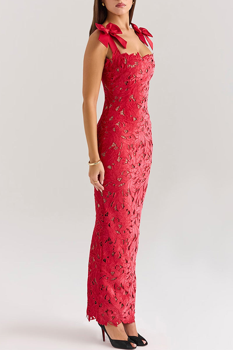 Sexy Solid Color Hollow Out Bow Decor Square Neck One Step Skirt Dresses