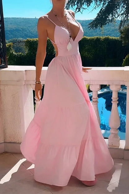 Sexy Backless Flounce V Neck Waist Skirt Dresses