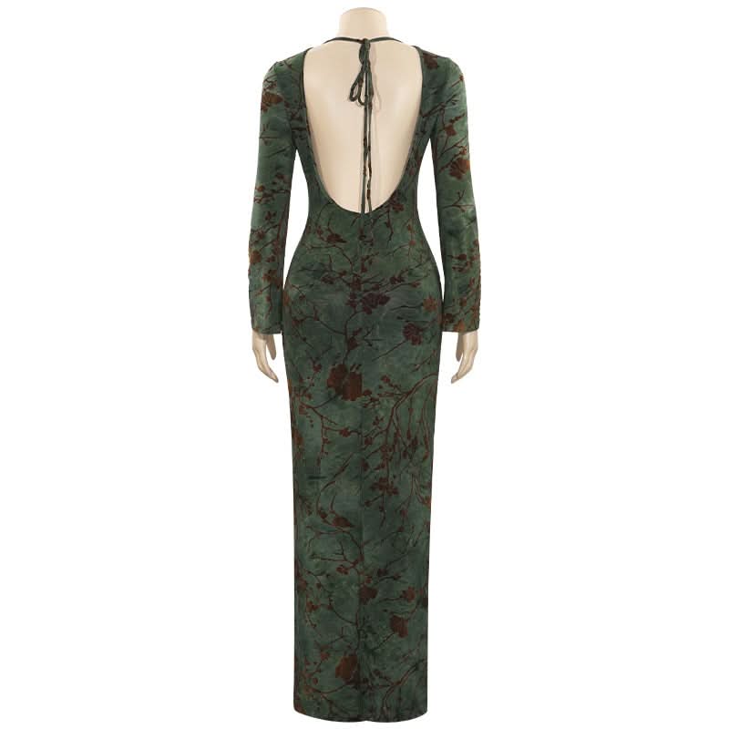 Long sleeve backless self tie slit maxi dress  | Festival Outfits Women
