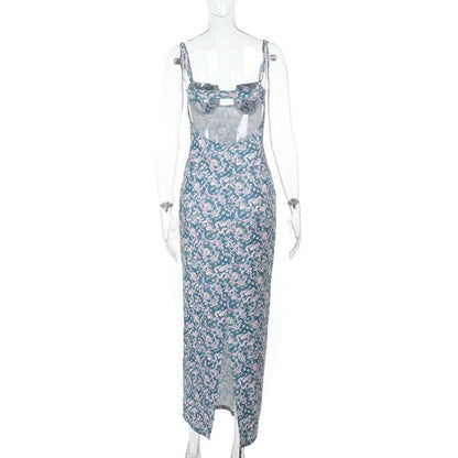 Flower print hollow out cami cut out maxi dress  | Festival Outfits Women