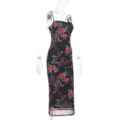 Flower print mesh cami maxi dress  | Festival Outfits Women