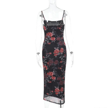 Flower print mesh cami maxi dress  | Festival Outfits Women