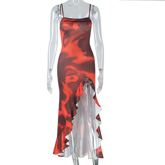 Ruffle contrast high slit cami maxi dress  | Festival Outfits Women