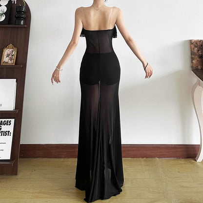 Ruffle u neck mesh solid cami maxi dress  | Festival Outfits Women