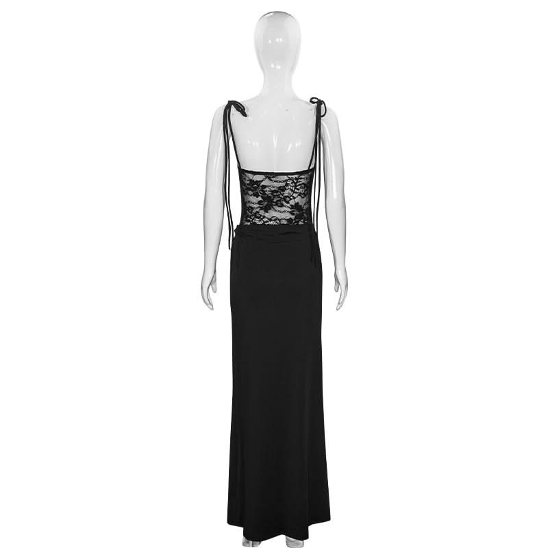 Lace square neck self tie solid cami maxi dress  | Festival Outfits Women