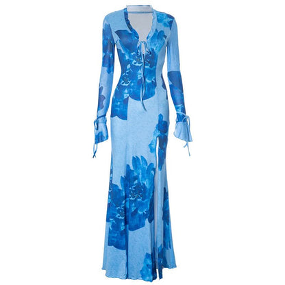 Slit v neck self tie long flared sleeve print maxi dress  | Festival Outfits Women