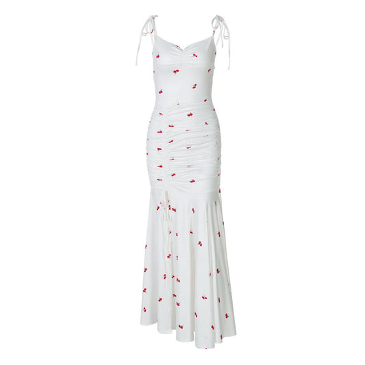 Drawstring slit ruched print cami maxi dress  | Festival Outfits Women