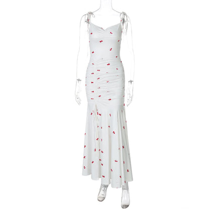 Drawstring slit ruched print cami maxi dress  | Festival Outfits Women