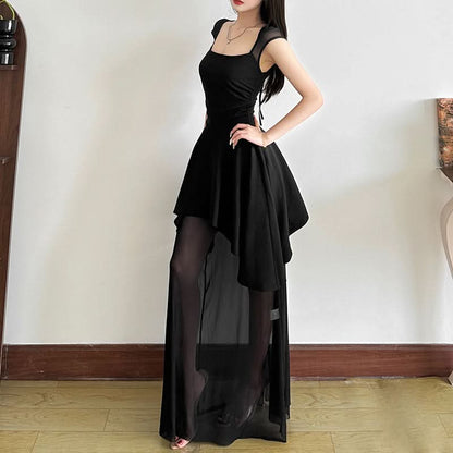 Mesh square neck self tie backless maxi dress  | Festival Outfits Women