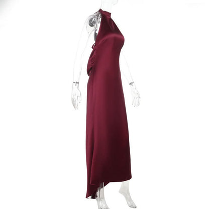 Satin halter backless solid maxi dress  | Festival Outfits Women