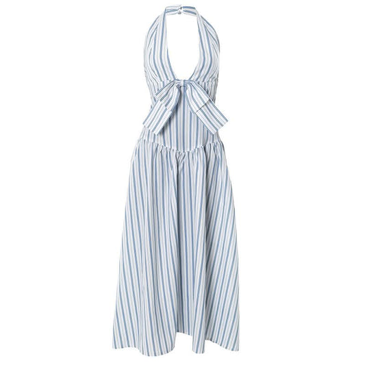 Striped bowknot zip-up halter maxi dress  | Festival Outfits Women