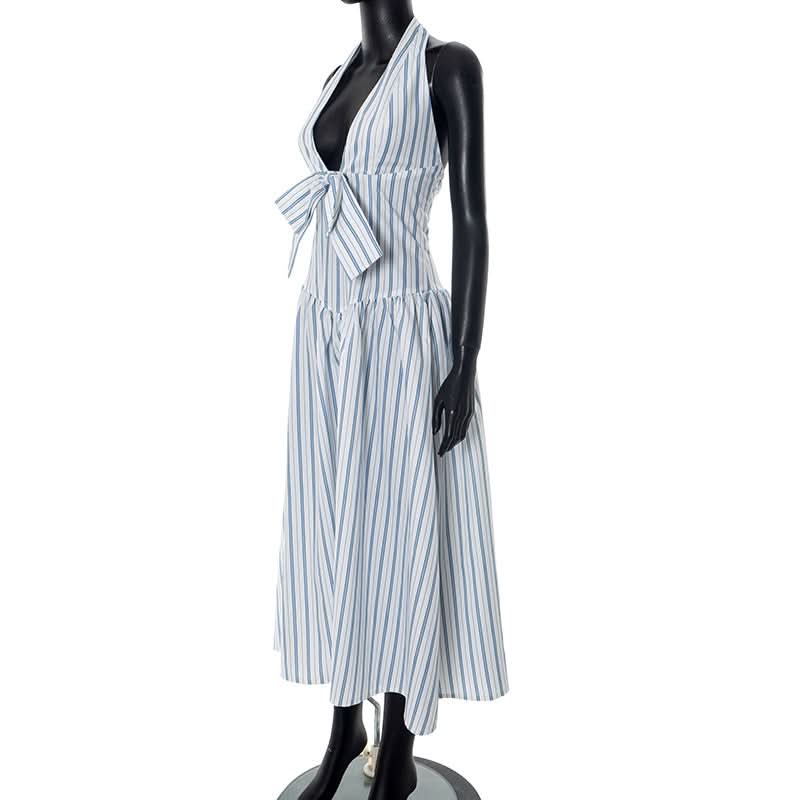 Striped bowknot zip-up halter maxi dress  | Festival Outfits Women