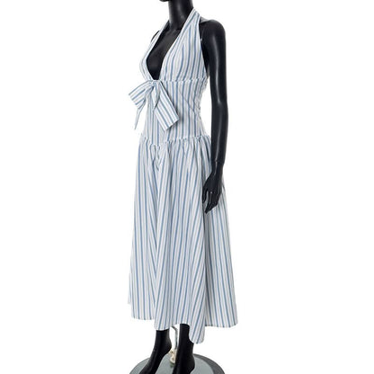 Striped bowknot zip-up halter maxi dress  | Festival Outfits Women